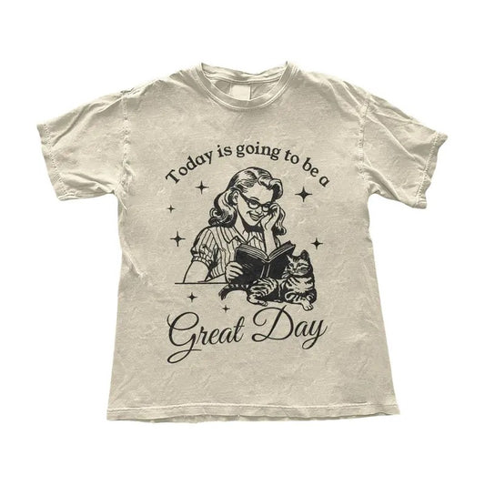 Today is Going to be a Great Day Pin up Reading T-Shirt - Gift for Book Lovers - Gift for Cat Lovers