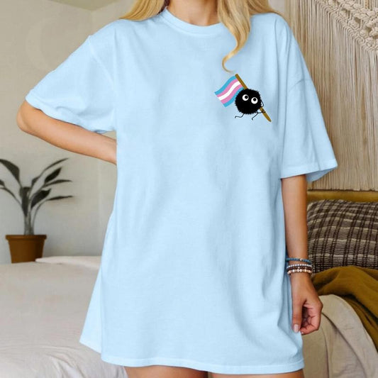 Trans Pride Soot Sprite Tee, Cute Studio-Inspired LGBTQ Shirt, Soot Sprite with Trans Flag Shirt