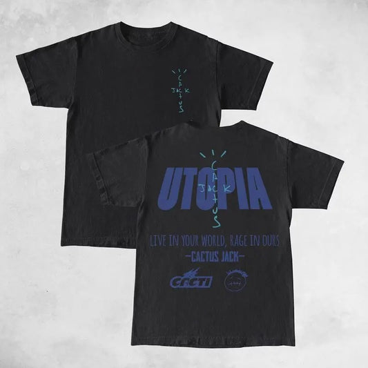 Travis Cactus Utopia Live In Your World Rage In Ours 2 Sides Graphic Shirt, Rapper Shirt Rap Tee Hip hop Shirt, Music Tour Merch Gift For Him, Gift For Her, Vintage Y2K Tee