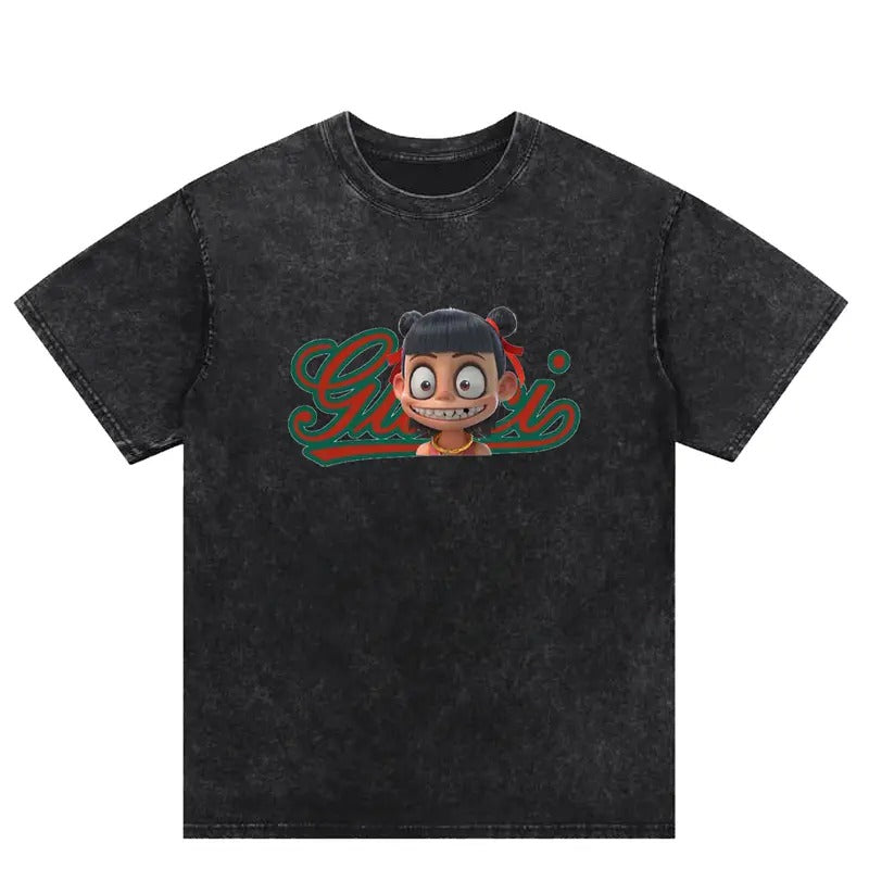 Trendy Ne Zha Washed T - shirt. Unleash the power of Ne Zha, a fusion of mythology and streetwear.