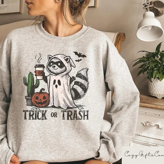Trick Or Trash Sweatshirt, Ghost Raccoon Drinking Coffee Tshirt, Spooky Season Raccoon Tee, Halloween Raccoon Tshirt, Halloween Pumpkin Gift  T-shirt, sweater and Hoodie