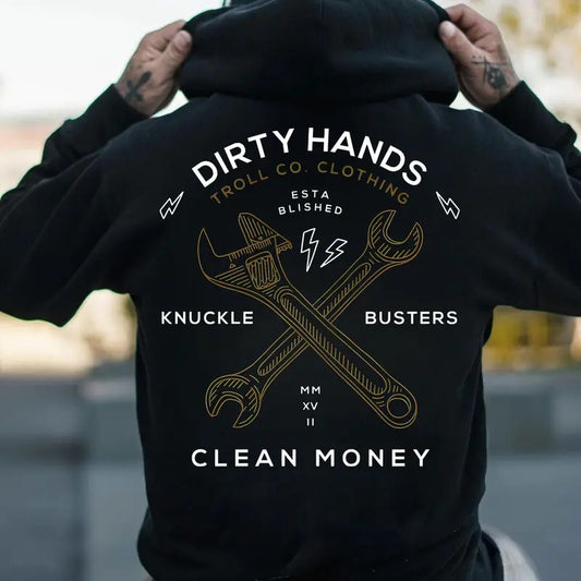 Troll Co Work Hard Dirty Hands Clean Money T-shirt Sweatshirt Hoodie, Trending Mechanic Unisex Shirt, Knuckle Busters Back Side Printed Workwear Streetwear, ESTD MMXVII