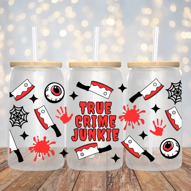 True Crime Junkie 16oz Halloween Glass tumbler