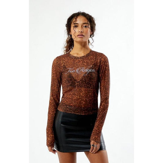 True Religion Women's Leopard Rhinestone Mesh Long Sleeve Top