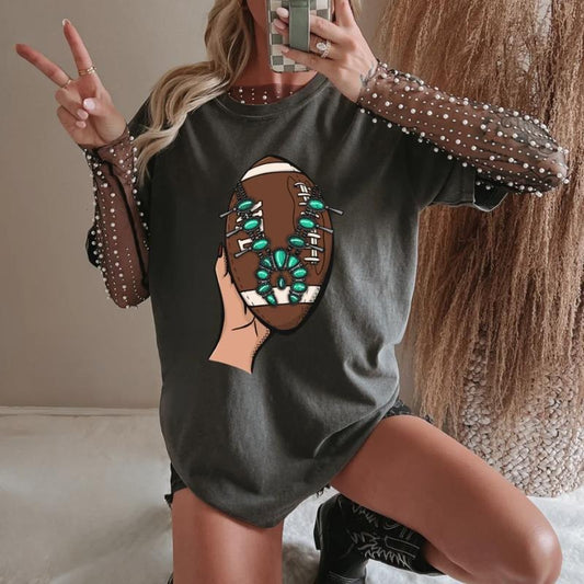 Turquoise Football T-shirt, vintage crewneck sweatshirts, western outfit women, cowgirl outfits, western clothing stuff tops, country concert outfits, western style clothes