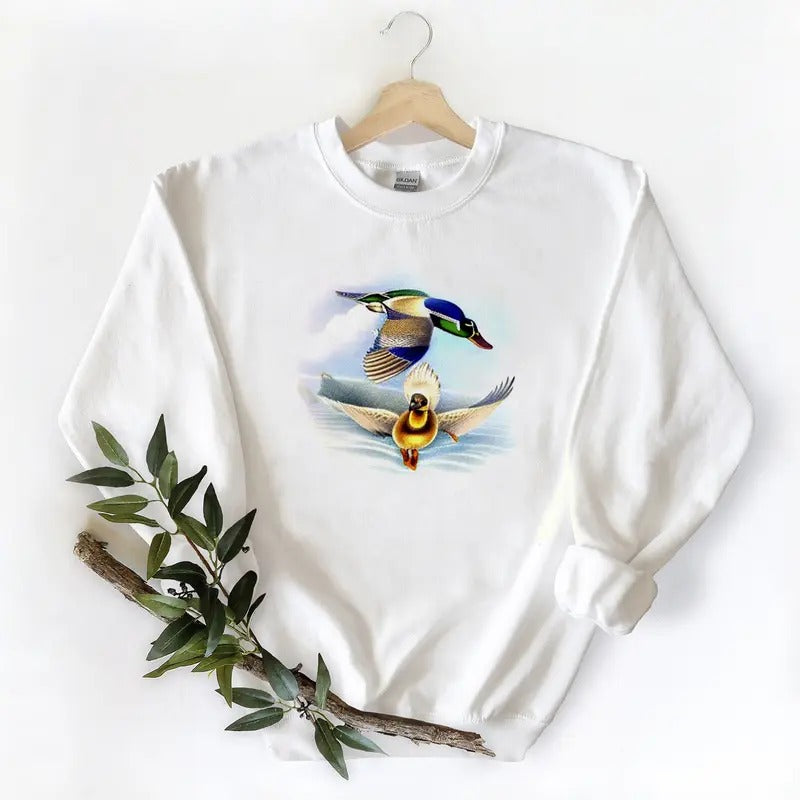 Two Mallard Duck Flying  Unisex Tshirt Sweatshirt Hoodie, for duck hunters, husbands and Mallard duck lovers Cotton Womenswear