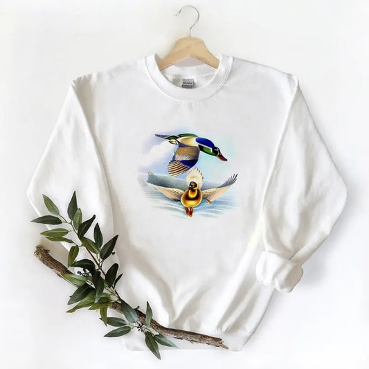 Two Mallard Duck Flying  Unisex Tshirt Sweatshirt Hoodie, for duck hunters, husbands and Mallard duck lovers Cotton Womenswear