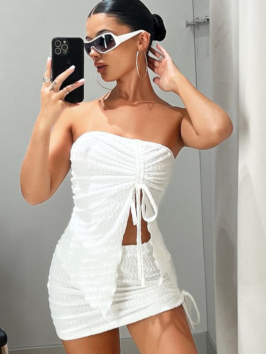 Two Piece Outfit Drawstring Split Tube Top Set Strapless Tube Top and Ruched Bodycon Mini Skirt SetY2K