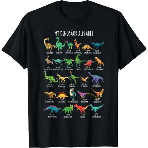 Types Of Dinosaurs Alphabet A-Z ABC Dino Identification Short Sleeve T-Shirt Made in USA