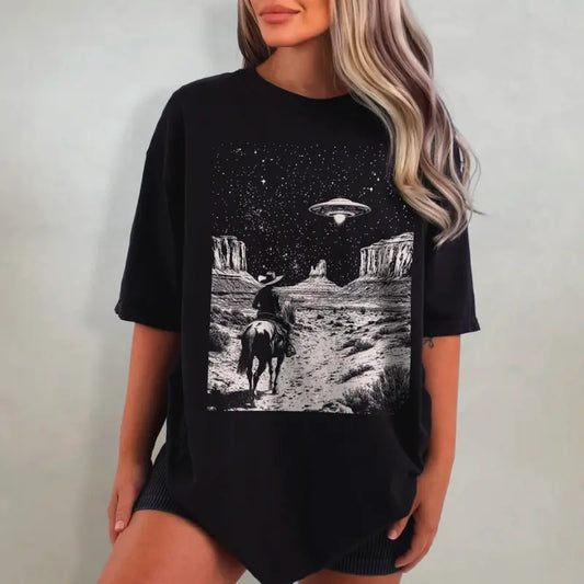 UFO Cowboy Shirt - Retro Western Washed T-Shirt, Vintage Rodeo Graphic Tee, Oversized Cowboy T Shirt, Wild West Tshirt, Cowgirl Top