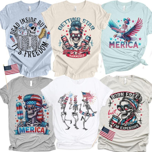 USA 4th of July Skull Tshirts Merica Skull Patriotic Tees Born Free Skeleton Rocker Tops USA Merica Skeleton T-Shirts Mullet USA Skull Tee Holiday Independence  Tees