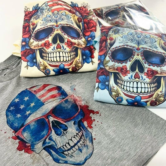 USA Skull Tshirts Patriotic Flag Skulls Tees 4th of July Skeleton T-Shirts Stars and Stripes Skull Tops Floral Skeleton Tshirts Sunglasses and Skull Tees