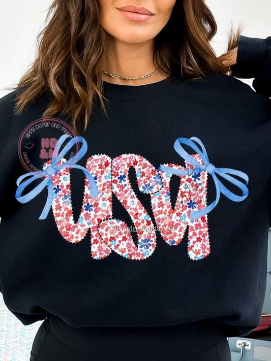 USA tshirt 4th of July Shirt, 4th of July sweatshirt, Red White Blue Letters tshirt, Ditsy Flowers Grandmillenial Coquette 4th of July Usa, women's shirts, Gift for Mom, Menswear Top, women top, Gift For menswear