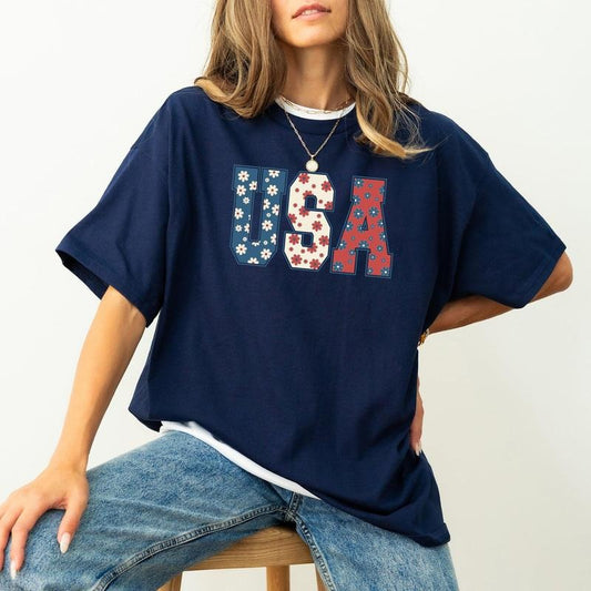 USA, Floral Print, Patriotic, America, Comfort Colors Tshirt, Women's Crew Neck, Crewneck