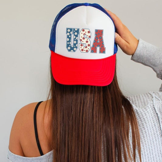 USA, Flowers, Patriotic, Snapback Trucker Hat, America, USA, Independence Day, Patriotic Cap for Women, Sassy Graphic Hats
