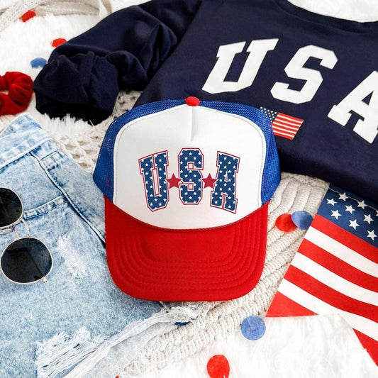 USA, Stars, Bright, Patriotic, Snapback Trucker Hat, America, USA, Independence Day, Patriotic Cap for Women, Sassy Graphic Hats