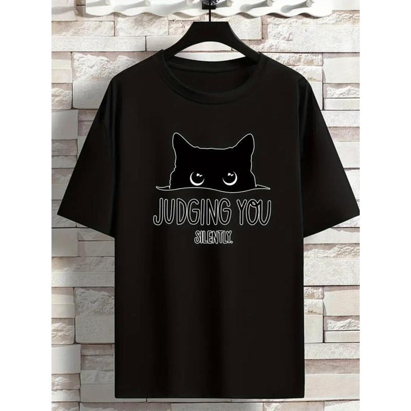 Ultra-Soft, Breathable, Moisture-Wicking Hot 'JUDGING YOU SILENTLY' Cat Graphic Print Cotton T-Shirt for Men Women Couple Fashion - Comfort-Fit Crew Neck, Street Short Sleeve, Casual Summer Tee for Everyday Wear Made in USA