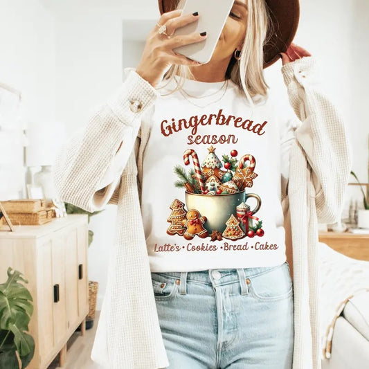 Unisex Christmas Baking Tee, Gingerbread Season Shirt, Cute Holiday Cookies Tee & Gingerbread Latte Gift for Christmas - Fabric, Pullover
