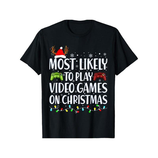 Unisex Christmas Gaming T-Shirt, 100% Cotton, Casual Crew Neck, Slight Stretch, Knit Fabric, Regular Fit, with Santa and Controllers Print, for Adults, All-Season Playful Holiday Top Made in USA