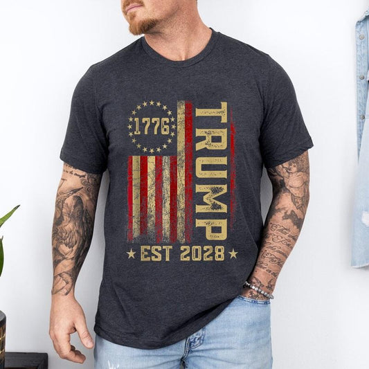 [Unisex Cotton] Trump 2028 Vote Donald Trump America US Flag Vintage T-Shirt , Short Sleeve, Top Unisex