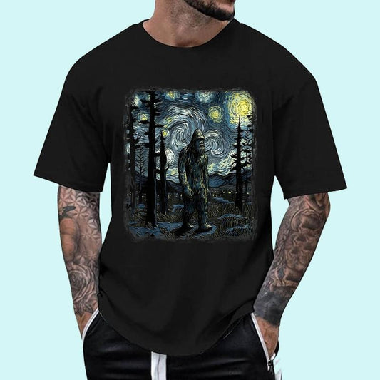 [Unisex Cotton Shirt] Bigfoot Starry Night Sasquatch Van Gogh Sky Painting Art T-Shirt