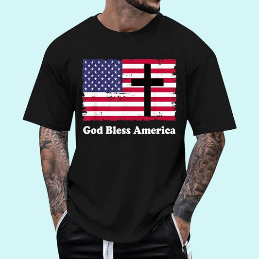 [Unisex Cotton Shirt] God Bless America Patriotic Flag with Cross T-Shirt