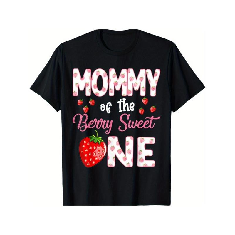 Unisex Cotton T-Shirt "Mommy of the Berry Sweet One" - Crew Neck, Geometric Pattern, Applique, Slight Stretch, Sports Style for Hiking, Running, Golf - Regular Fit, All Seasons - Ideal for Birthday, Christmas, Thanksgiving, New Year Gifts made in usa