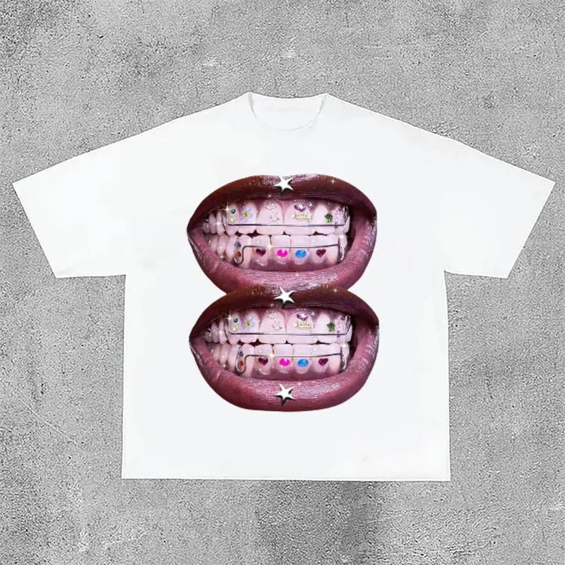 Unisex Lip Graphic Print Street Cotton T-Shirt