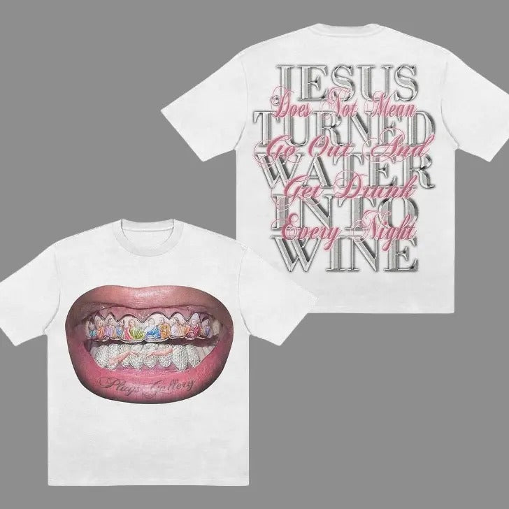 Unisex Mouth & Letter Print T-Shirt, Jesus Smiled Unisex T-Shirt, Crewneck, S-3XL, Mens & Womens Streetwear Tops & Underwear Casual Cotton Menswear