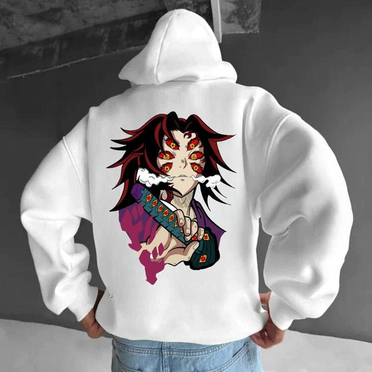Upper Moons 2 Side Hoodie - Kokushibo Demon Style, Graphic Anime Design, White, Cotton Blend, Suitable for Casual Wear
