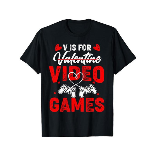 V Is For Valentine Video Games Men T-Shirts, Funny Valentine'S Day Novelty Graphic Printed Tee, Short Sleeve Valentine'S Day Couple T-Shirt for Men Boyfriend Husband 100% Cotton made in usa
