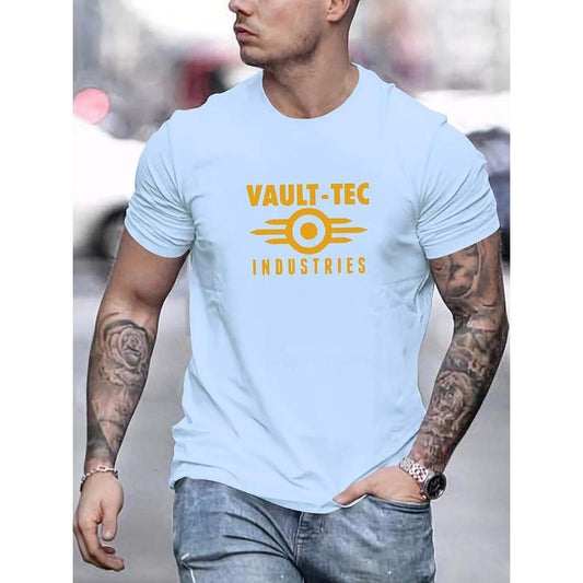 VAULT-TEC Men's Summer Casual T-Shirt - Cotton, Crew Neck, Short Sleeve, Solid Color Made in USA