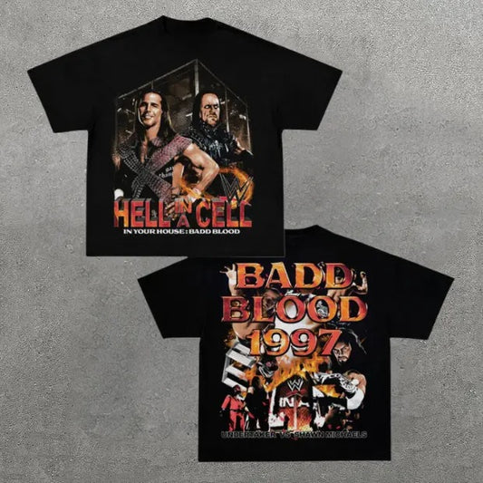 VINTAGE TEE | BADD BLOOD 1997, Double Sided Prints Vintage T-Shirt, Wrestler Shirt, WWE Shirt, Y2k Shirt, Vintage Graphic Tee, Unisex T-Shirt, Gift For Him, Adult Casual Cotton Crewneck Short Sleeve Shirt Top Menswear