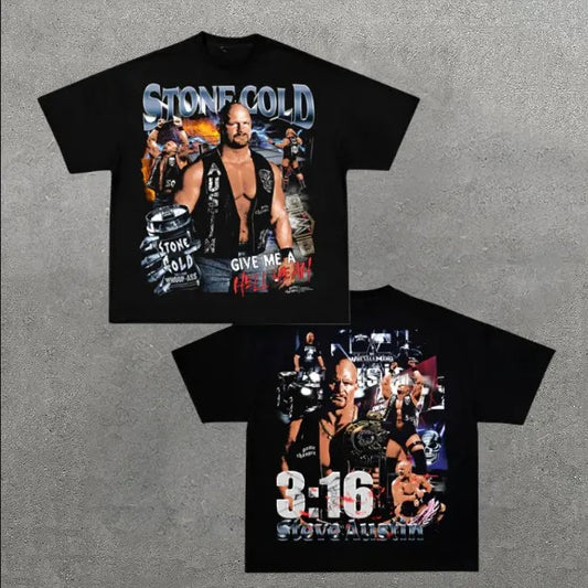 VINTAGE TEE | STONE COLD, Double Sided Prints Vintage T-Shirt, Wrestler Shirt, WWE Shirt, Y2k Shirt, Vintage Graphic Tee, Unisex T-Shirt, Gift For Him, Adult Casual Cotton Crewneck Short Sleeve Shirt Top Menswear