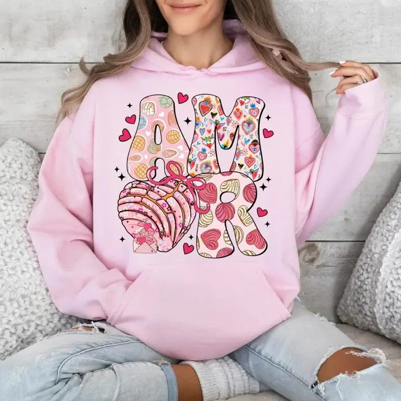 Valentine Amor Coquette Bow Tshirt Sweatshirt Hoodie, Funny Mexican Bread Lover Sweatshirt, Concha Pan Dulce Shirt, Unisex Sweater Pullover Tee