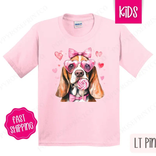 Valentine Bassett Hound Kids Shirt - Valentine's Day Children's Tshirt - Cute Youth Tee Gildan
