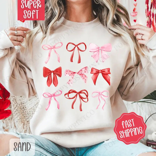Valentine Bows Sweatshirt, Valentine's Day Crewneck, Holiday Women's Sweater valentine day