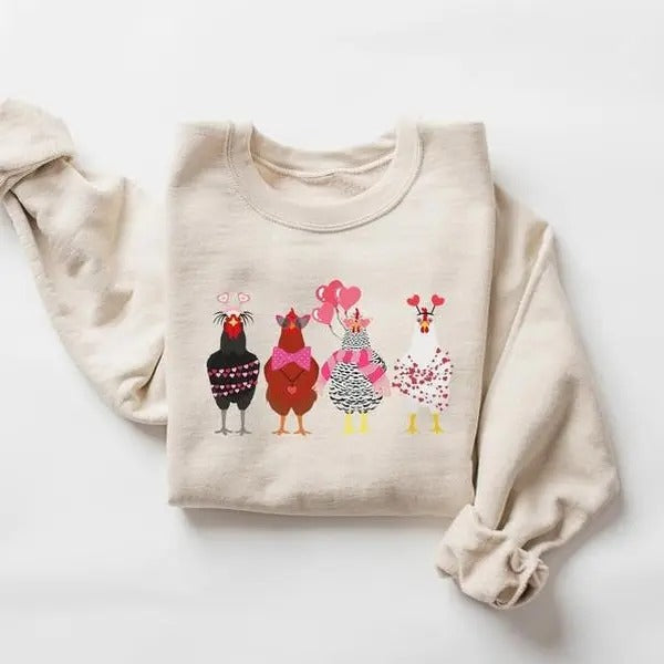 Valentine Chickens Sweatshirt, Valentine Farm Animals Sweatshirt, Valentine Day Shirt, Chicken Lover Gift, Valentines Day Farmer Sweatshirt