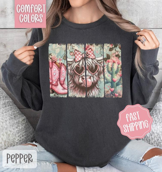 Valentine Cow Comfort Colors Sweatshirt, Valentine's Day Women's Crewneck, Western Women's Sweater