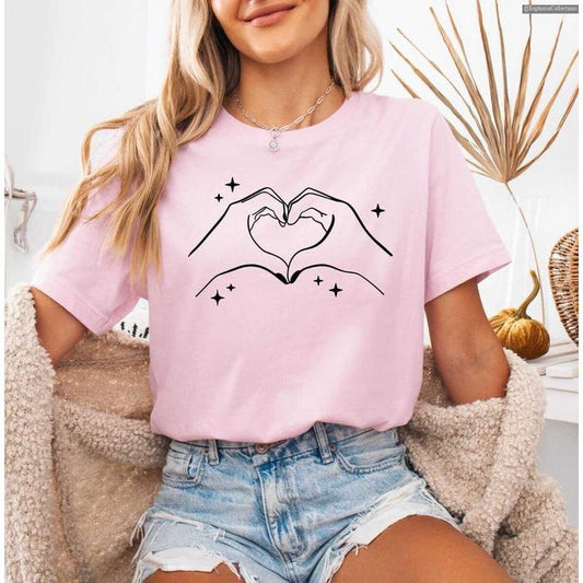 Valentine Heart Hands T-Shirt, Music Lover Gift Tee, Hand Heart Pose Graphic Tee, Matching Cute Heart Gesture Shirt, Fan Gift , Global Trending Outfits