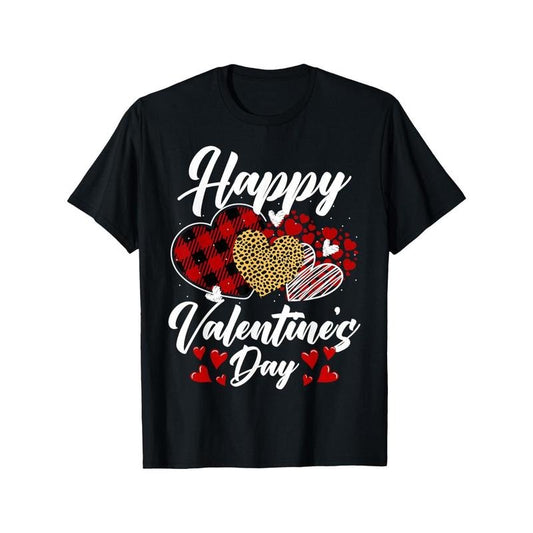 Valentine'S Day Leopard Plaid Heart Print T-Shirt, 100% Cotton, Casual Crew Neck, Regular Fit, Short Sleeve, Slight Stretch, Knit Fabric, for Men and Women, All-Season Daily Wear made in usa