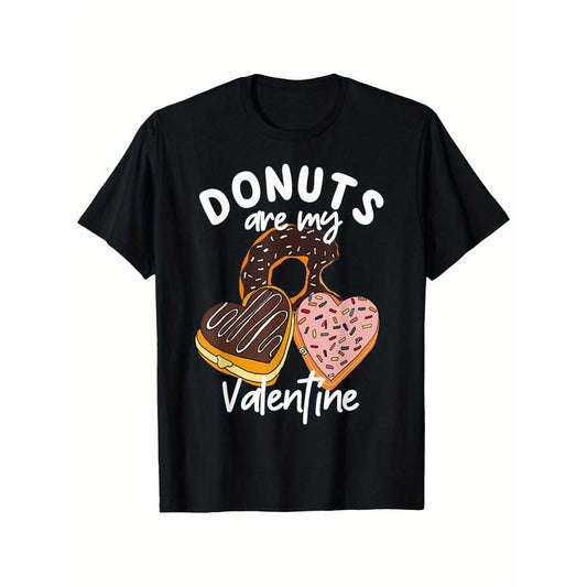 Valentine'S Day Novelty T-Shirt - Donuts Are My Valentine, 100% Cotton, Casual Crew Neck, Short Sleeve, All-Season, Slight Stretch, Printed Graphic Tee for Adults - Black Made in USA