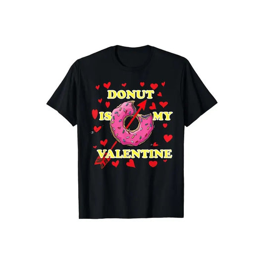 Valentine'S Day Themed Cotton T-Shirt, Casual Crew Neck, Slight Stretch Knit Fabric, Regular Fit, with Donut Print, for Adults, All-Season Tee made in usa
