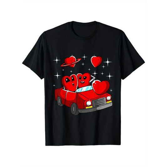 Valentine's Day Love Ride Graphic Tee for Men - 100% Organic Cotton, Soft & Breathable, Black Crewneck with Red Car & Heart Design, S-XXXL, Perfect for Casual Wear, Valentine's Day Outfitmade in usa