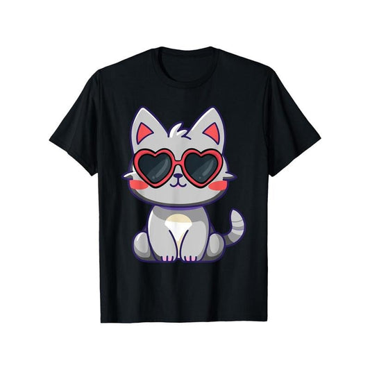 Valentines Cat Kitten Wearing Fashion Glass Print Men's Cotton T-shirt, Casual Short Sleeve Crew Neck Top, Men's Summer Clothing  made in usa
