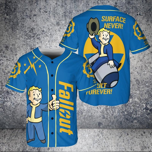 Vault-Tec Fallout baseball jersey Vault boy Inspired jersey, Fallout Show Vault Dweller baseball jersey, Fallout 4 New Vegas Top, Surface Never Vault Forever baseball jersey