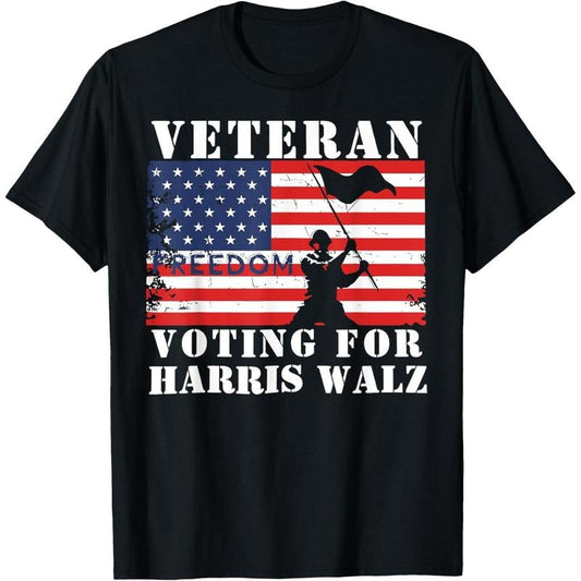 Veteran Freedom Voting for Harris Walz Waltz USA Flag T-Shirt made in usa