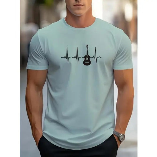 Vibrant Crew Neck T-Shirt for Men - Electric Heartbeat Pattern, Breathable, Moisture-Wicking, Casual Summer Top for Street Wear, Outdoor Activities, and Daily Life - Relaxed Fit, Soft Fabric, and Stylish Design Made in USA