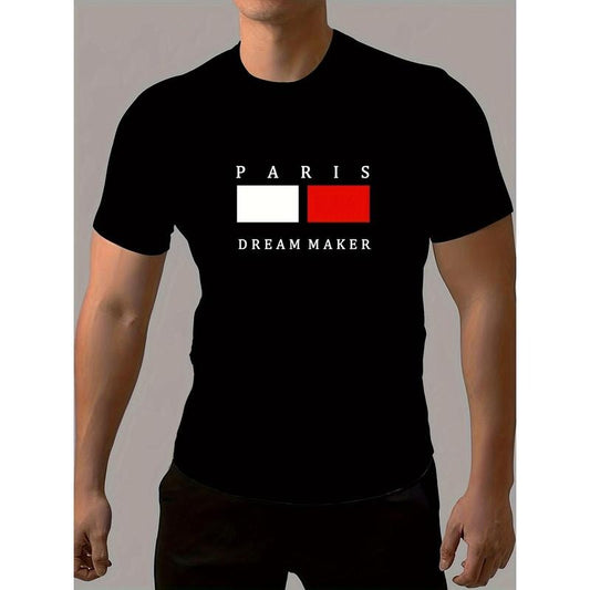 Vibrant Paris Dream Maker Crew Neck T-shirt - Color Block Pattern, Letter Print, Short Sleeve, Casual Chic Design - Perfect for Men's Summer Outdoors, Sports, and Everyday Wear Made in USA