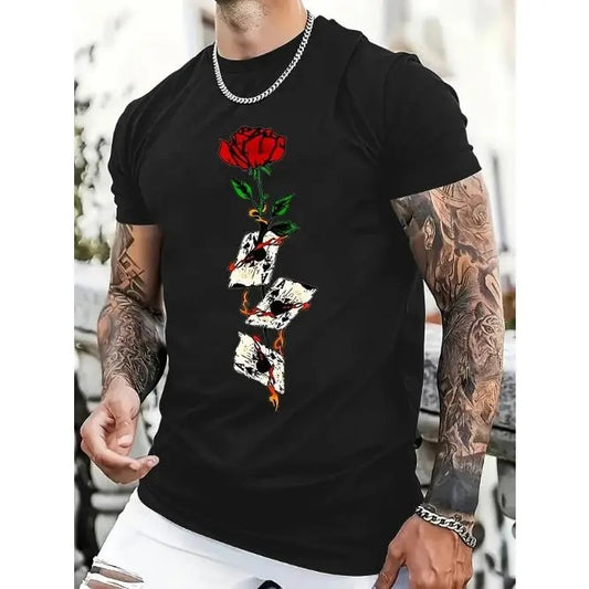 Vibrant Rose Print Crew Neck Short Sleeve T-Shirt - Soft Cotton, Breathable, Comfortable, Casual Wear for Summer Vacation, Daily Life, and Resorts - Relaxed Fit, Crew Neckline, Short Sleeves Made in USA